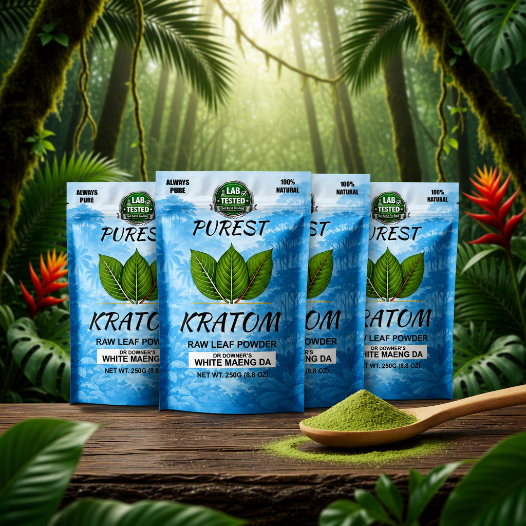PurestK White Maeng Da kratom kilo bundle — four 250g pouches of Dr Downer’s raw leaf powder, lab‑tested and always pure, shown with natural forest background and fresh kratom powder.