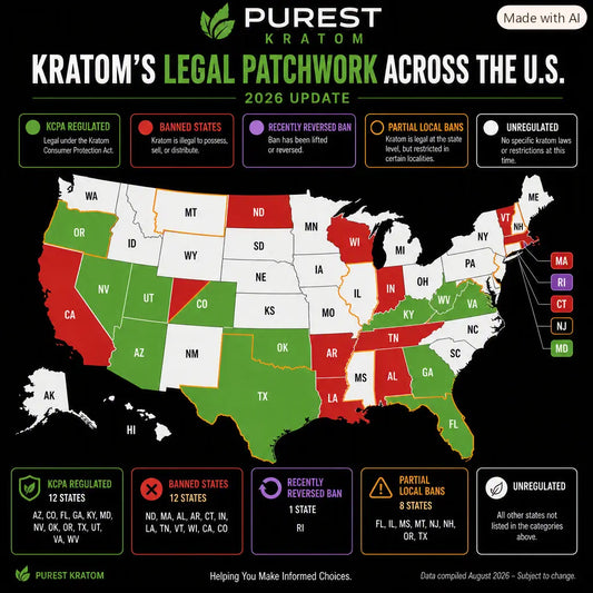 Purest Kratom 2026 U.S. kratom legality map infographic showing banned states (North Dakota, Massachusetts, Alabama, Arkansas, Connecticut, Indiana, Louisiana, Tennessee, Vermont, Wisconsin, California, Colorado), KCPA regulated states 