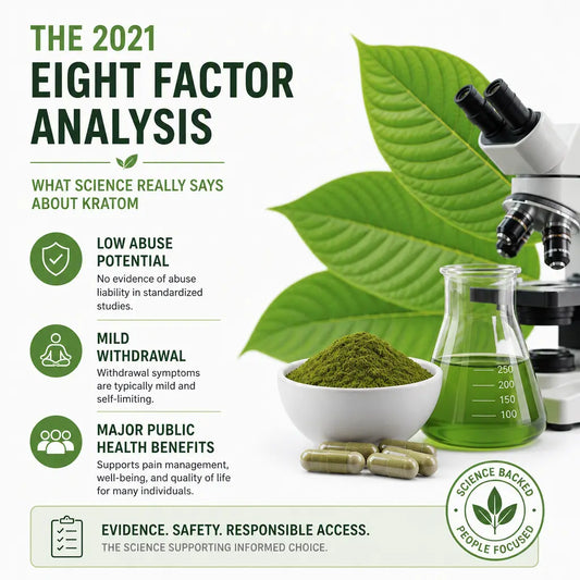 Infographic summarizing the 2021 Eight Factor Analysis of kratom, highlighting low abuse potential, mild withdrawal, and public‑health benefits with scientific visuals.