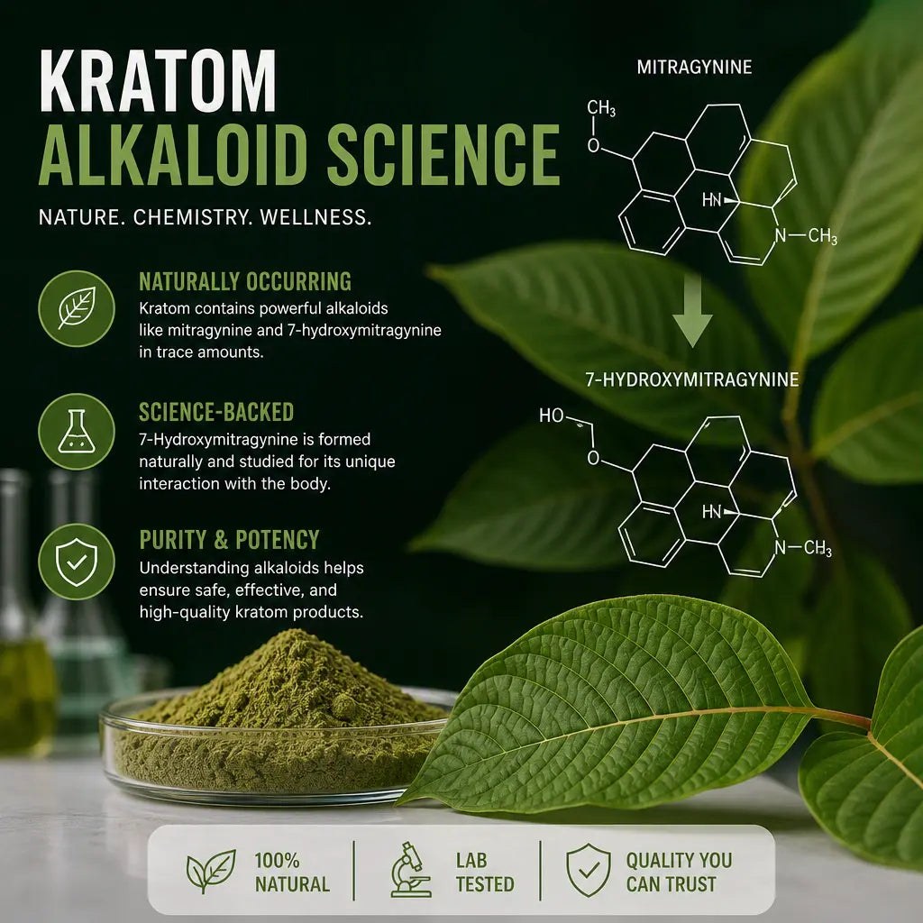 Kratom alkaloid diagram showing mitragynine converting into 7‑hydroxymitragynine with labeled molecular structures.