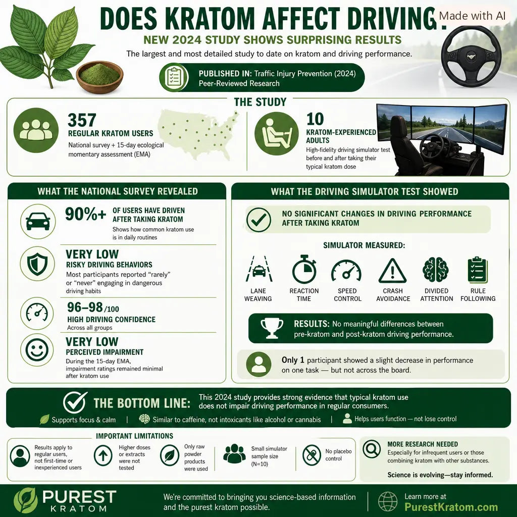 infor graphic It shows that 357 regular kratom users and 10 simulator participants reported high driving confidence and no significant impairment after typical kratom doses.
