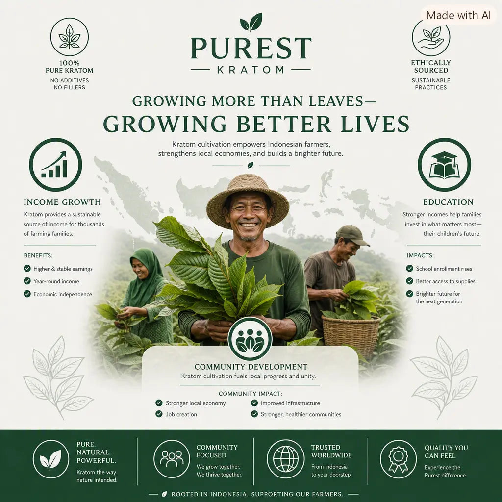 Purest Kratom infographic showing Indonesian farmers smiling in lush green fields, surrounded by icons for income growth, education, and community development kratom cultivation improves rural livelihoods and strengthens Indonesia’s economy