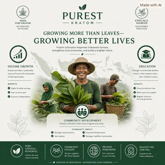Purest Kratom infographic showing Indonesian farmers smiling in lush green fields, surrounded by icons for income growth, education, and community development kratom cultivation improves rural livelihoods and strengthens Indonesia’s economy