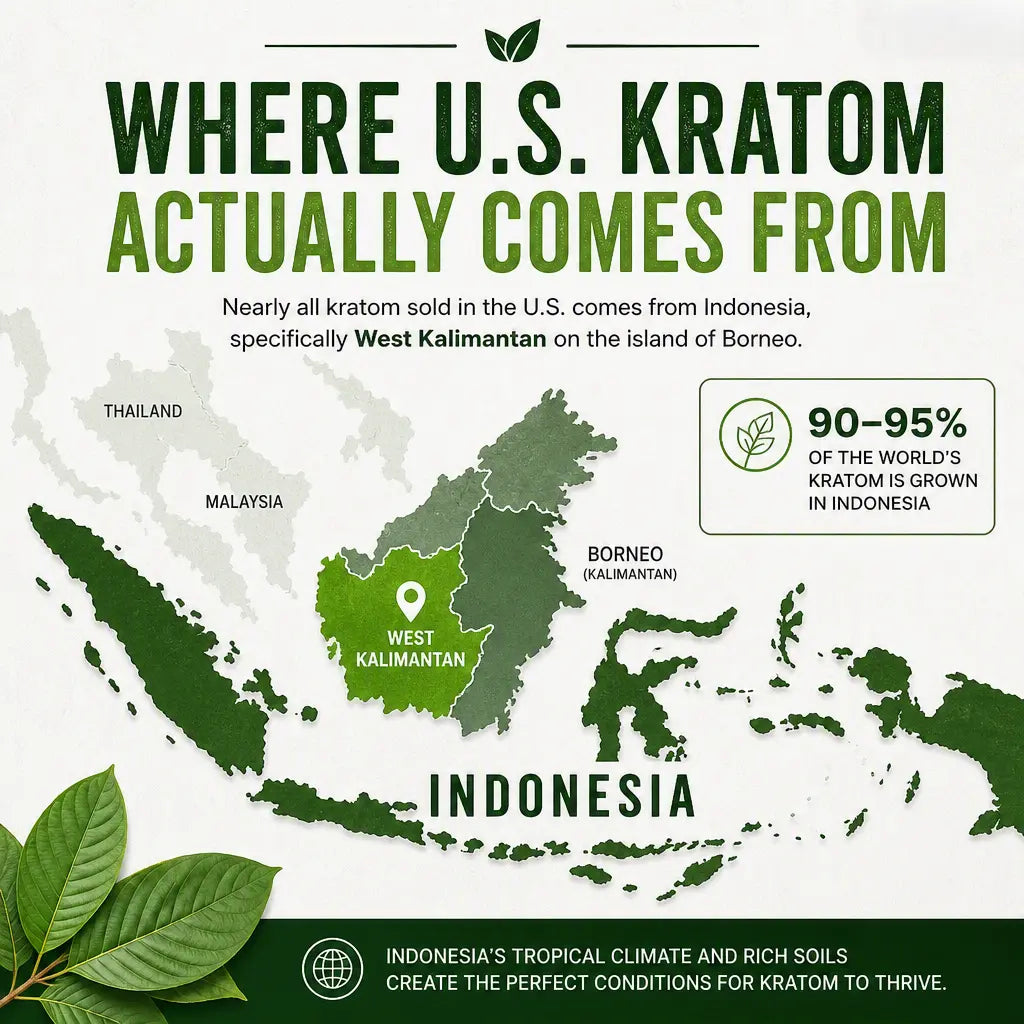 Map of Indonesia highlighting West Kalimantan, the primary region where U.S. kratom is grown and harvested