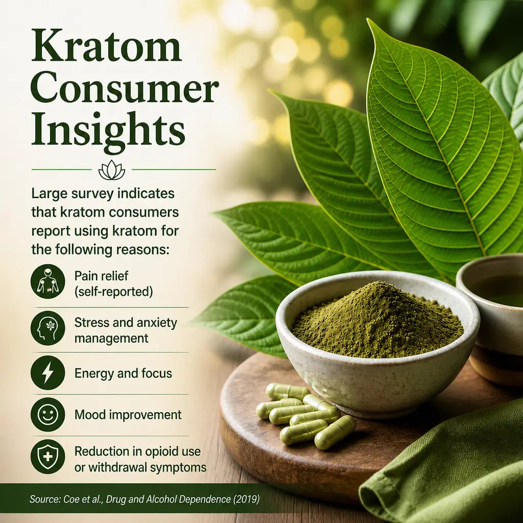 Kratom Consumer Insights graphic showing survey‑reported reasons for use including pain relief, mood, energy, anxiety, and opioid reduction.