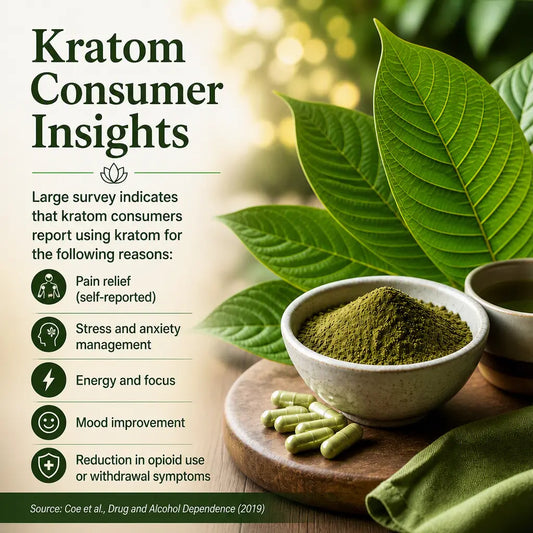 Kratom Consumer Insights graphic showing survey‑reported reasons for use including pain relief, mood, energy, anxiety, and opioid reduction.