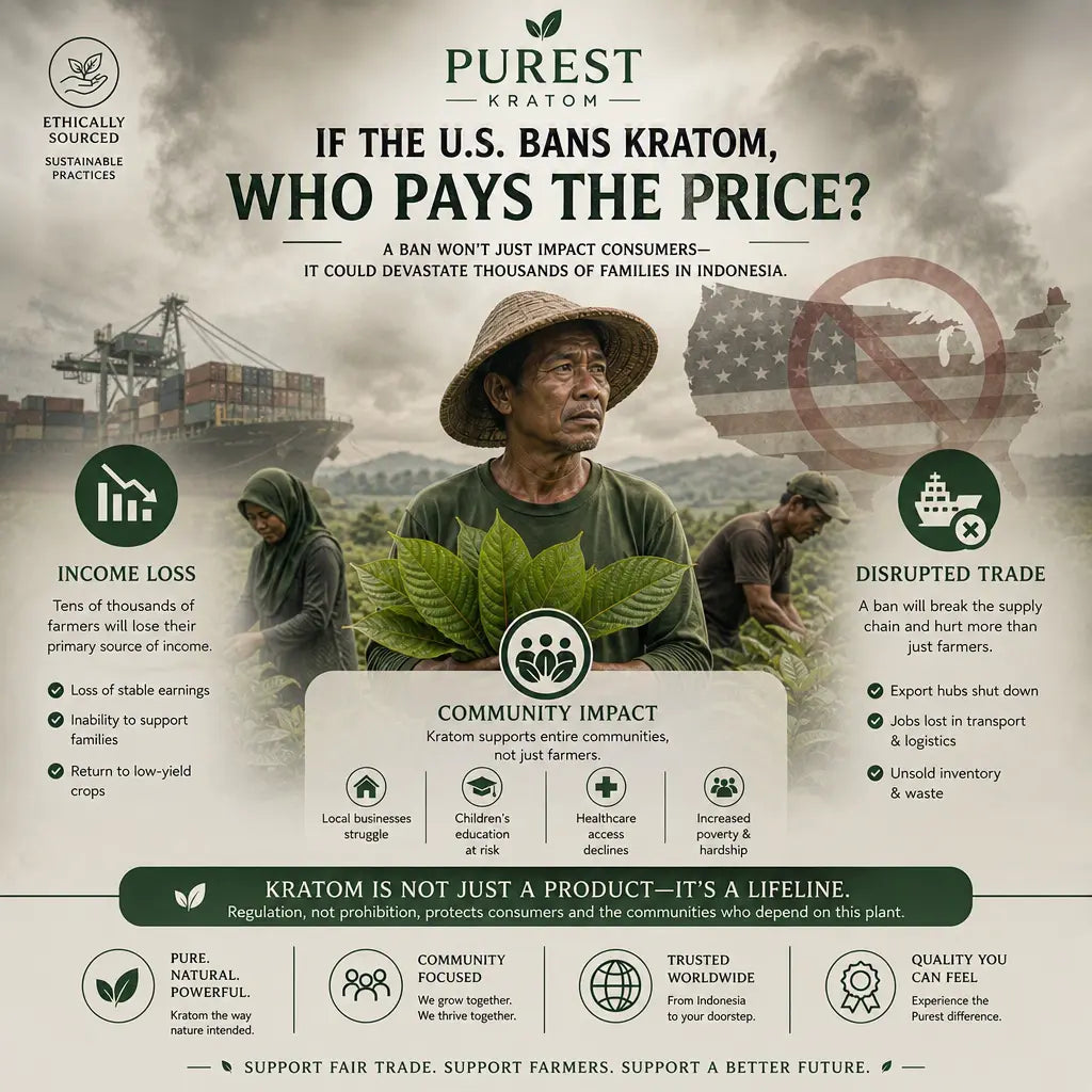 Infographic showing Indonesian kratom farmers facing economic uncertainty, with icons for income loss, community impact, and global trade disruption