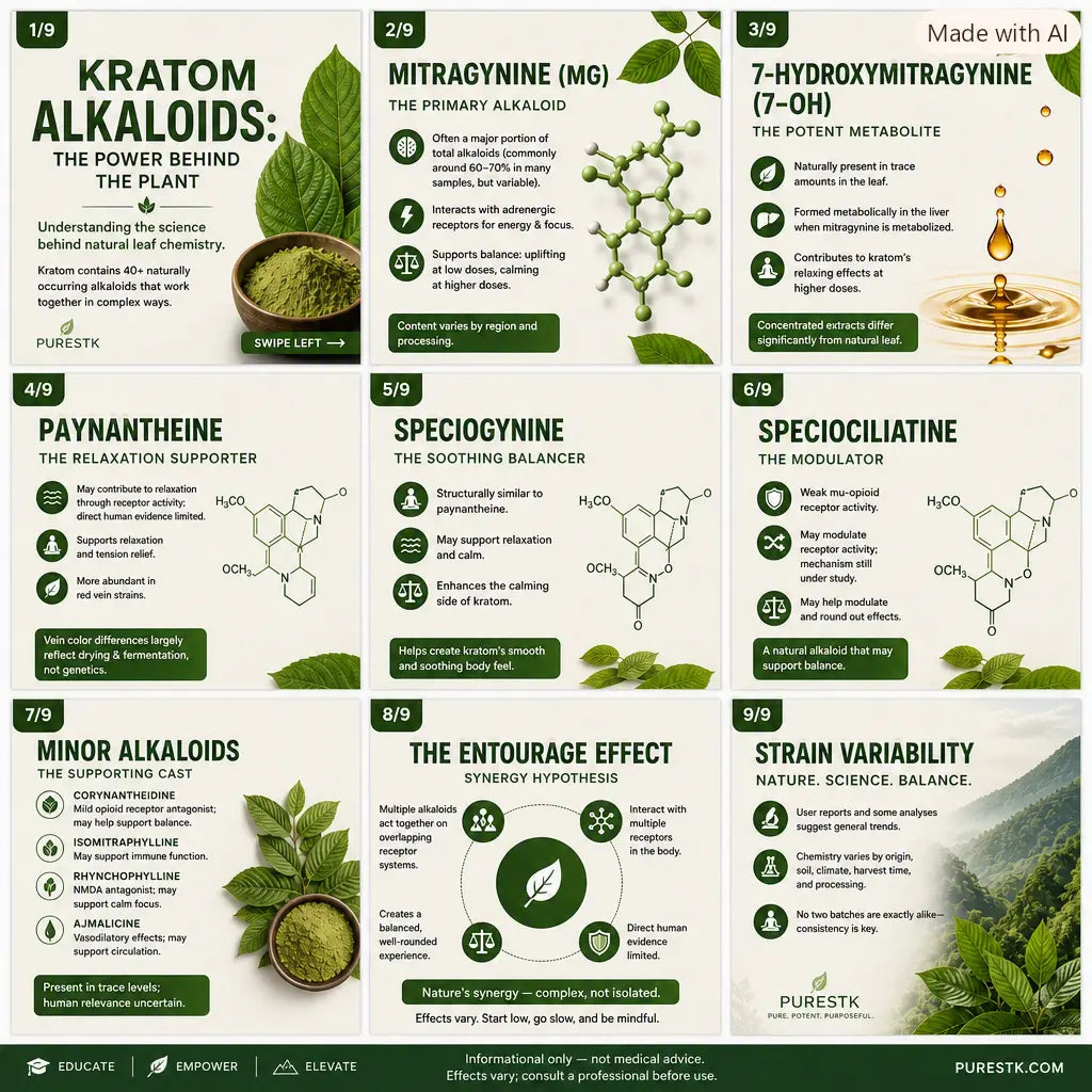 “PurestK Kratom alkaloids infographic showing natural leaf chemistry and major compounds.”
