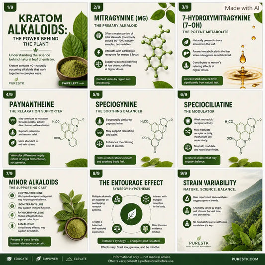 “PurestK Kratom alkaloids infographic showing natural leaf chemistry and major compounds.”