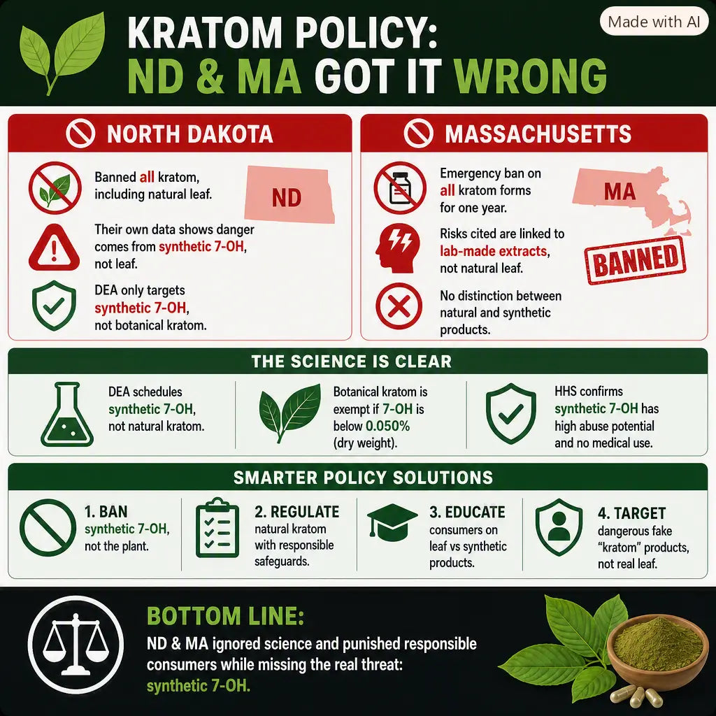 kratom policy what north dakota and massachusetts are getting wrong. infographic displaying the mistakes these states are making regarding the current kratom bans