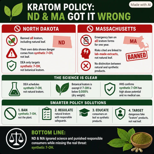 kratom policy what north dakota and massachusetts are getting wrong. infographic displaying the mistakes these states are making regarding the current kratom bans