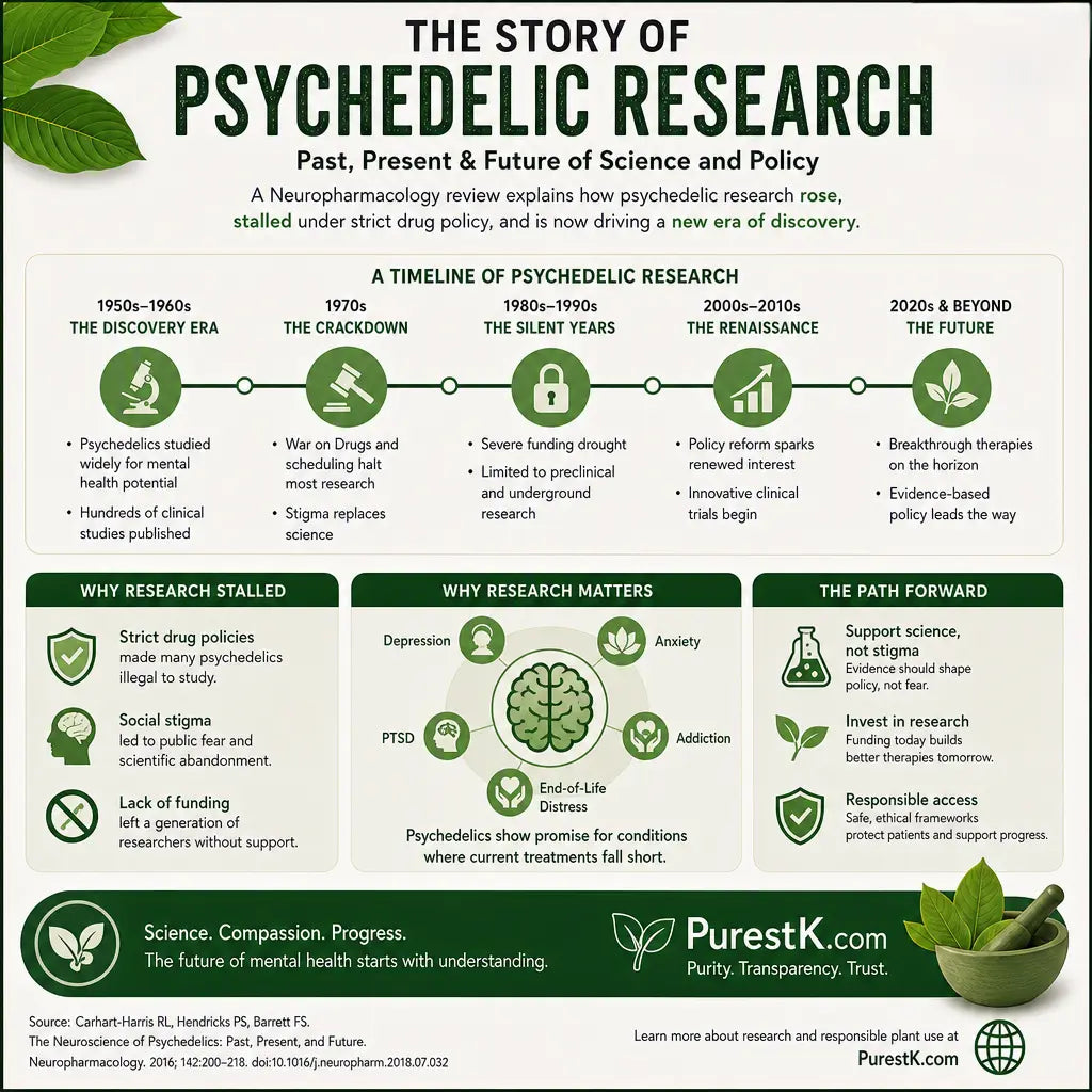 Infographic showing key points from a Neuropharmacology review on psychedelic research history.