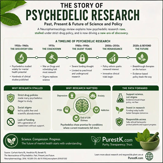 Infographic showing key points from a Neuropharmacology review on psychedelic research history.