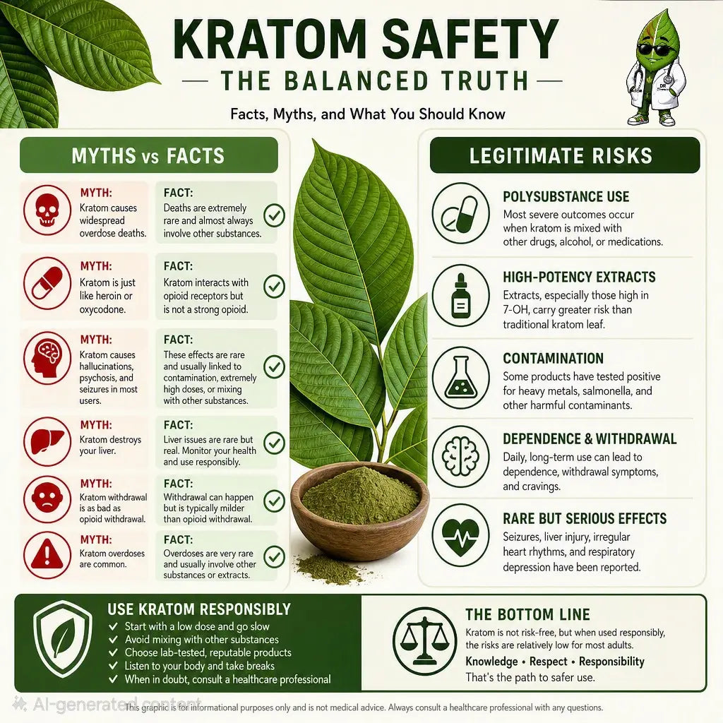 ‘Kratom Safety: The Balanced Truth’ showing myths versus facts and legitimate risks. 