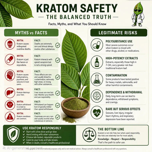 ‘Kratom Safety: The Balanced Truth’ showing myths versus facts and legitimate risks. 