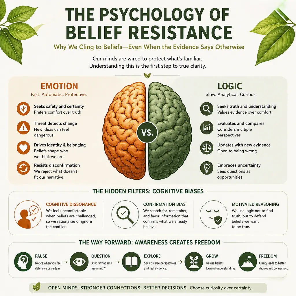 Purest Kratom infographic illustrating the psychology of belief resistance, showing a brain divided between emotion and logic.