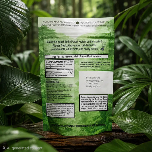 A green and white pouch of Purest Kratom powder standing upright on a dark surface, surrounded by large green leaves. The back of the pouch shows product details, supplement facts, and warnings in black text.