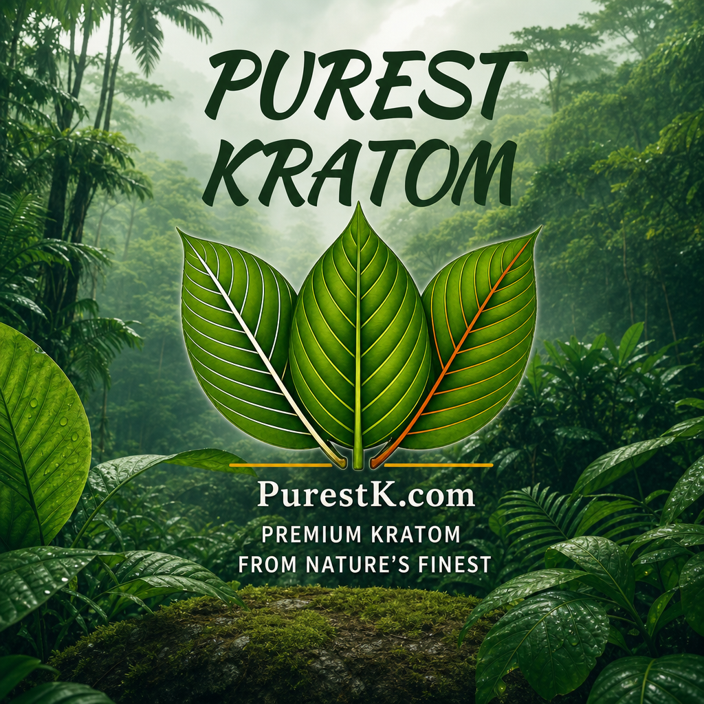 Purest Kratom logo featuring a tropical background behind 3 large kratom leaves each featuring a distinct vein color of white, green and red symbolizing the 3 main kratom strains