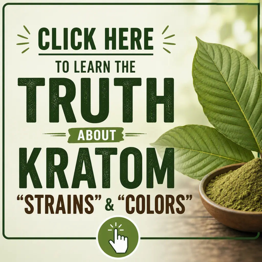 Purest Kratom the truth about kratom color and strains image with kratom leaf and powder